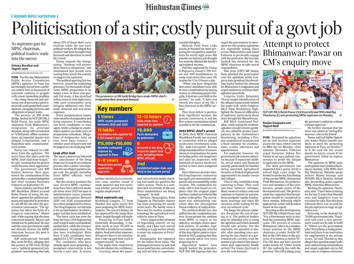 ymjoshi's tweet photo. The MPSC agitation has grown into a wider debate over the government-job race, its rising costs and the politics. HT examines the politics behind the stir and the price aspirants are paying
 https://t.co/pbyH9B9LPB https://t.co/NJ1s5zrOQ9