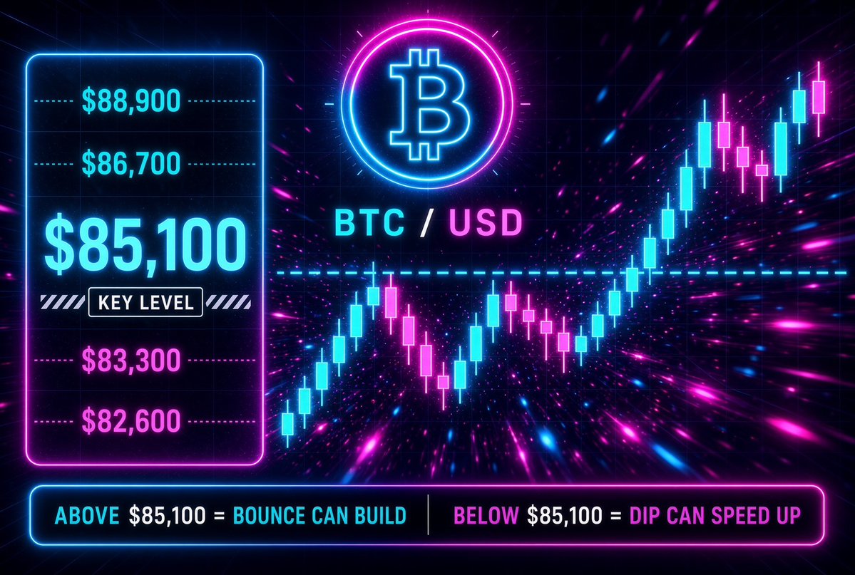 CryptoEmpressX's tweet photo. bitcoin:native levels 👀

Yesterday $85,400 broke. Price tagged $86,200 and printed near $87,000. $87,500 never showed. It then faded under $85,200, toward $85,000. $82,600 stayed untouched.

Today’s line is $85,100. 📌

Hold it and the path is $86,400. A reclaim of $86,700 opens $87,600 to $88,900.

Lose it and $83,300 is first. Then $82,600, then $81,100.

Above $85,100 = bounce can build
Below $85,100 = dip can speed up

Let the close decide.