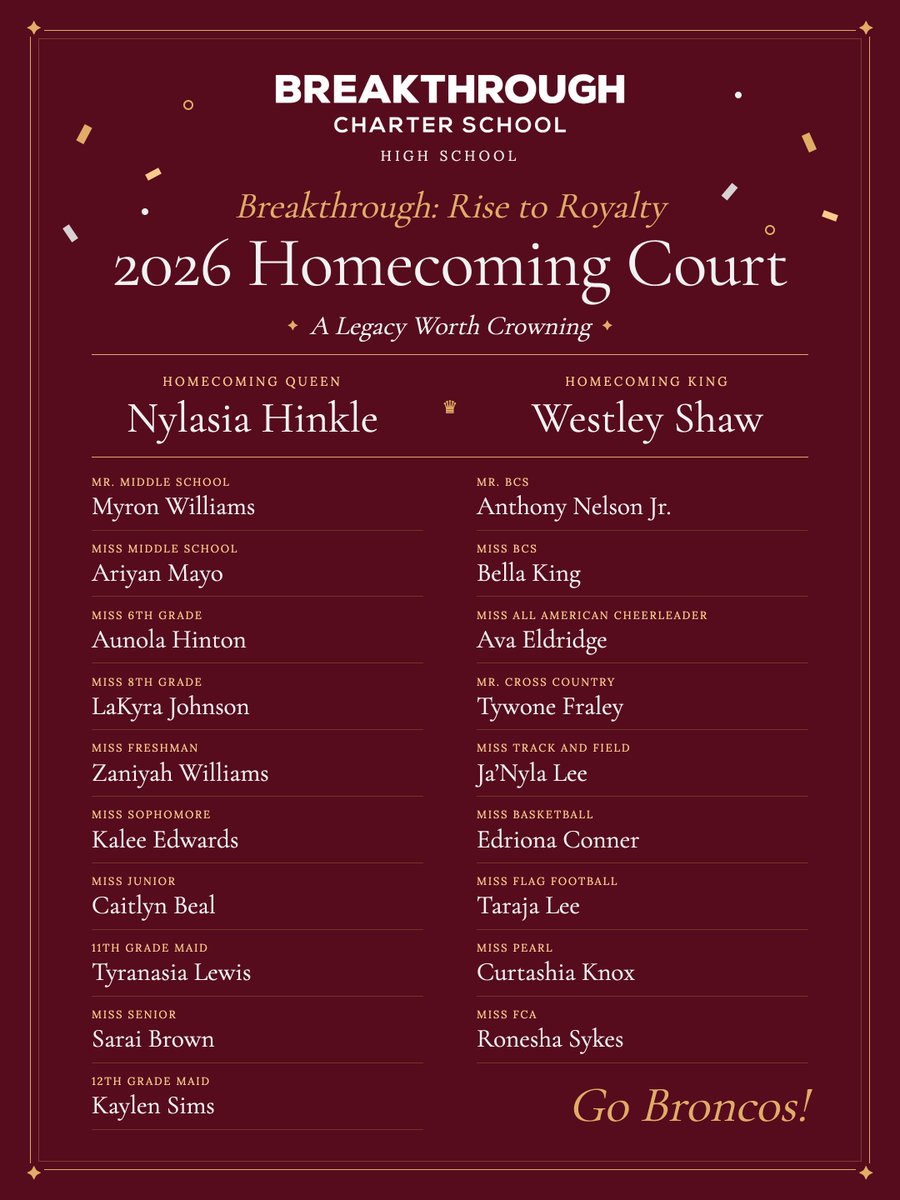 Breakthrough_CS's tweet photo. 👑 Breakthrough: Rise to Royalty 👑

Please join us in congratulating our 2026 Elementary and High School Homecoming Court! 

A Legacy Worth Crowning. 

#GoBroncos #BreakthroughCharterSchool #RiseToRoyalty #Homecoming2026 https://t.co/Y5PnxQsH1U