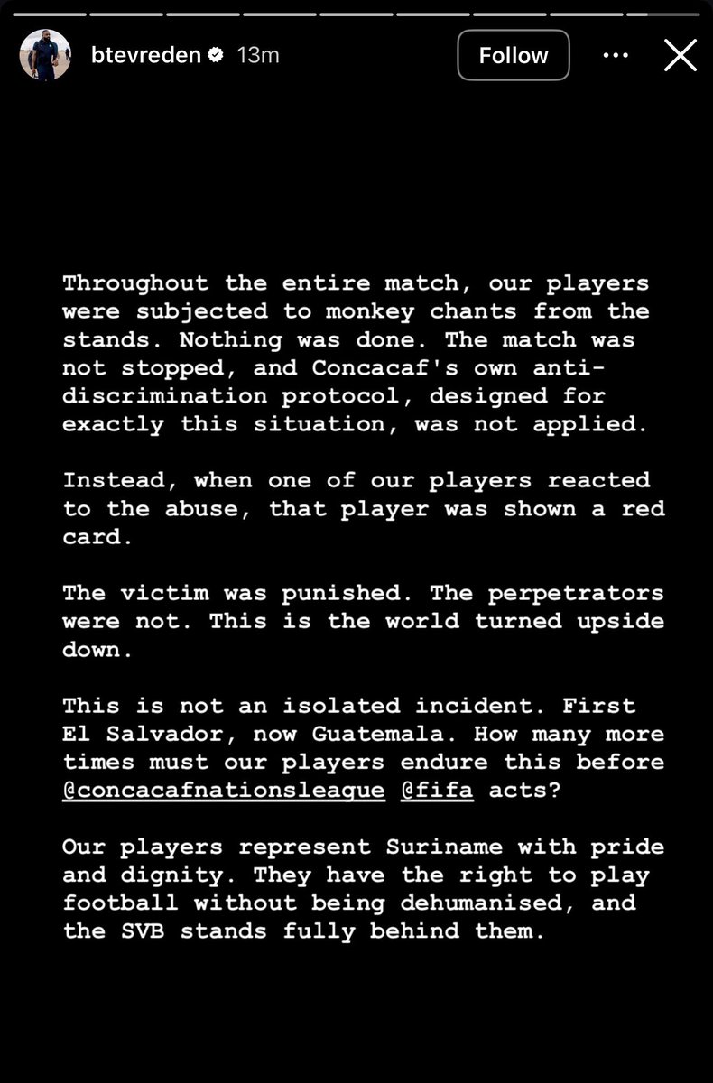 NatioFscouts's tweet photo. GM Tevreden’s official statement on ig.

CONCACAF, Do better !
#SayNoToRacism https://t.co/itHJ7Vb8tq