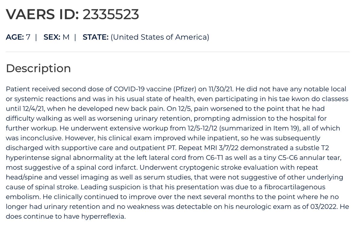 MaryBowdenMD's tweet photo. 7 year old boy suffers a spinal cord infarct 4 days after 2nd COVID shot.

@OpenVAERS https://t.co/cGDIjsMOgH