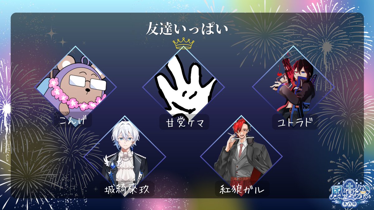 fuzin09's tweet photo. ✦・チーム紹介・✦

友達いっぱい

甘党ケマ @amatounokema 
こんげ @konge_5963 
ユトラド @yutorado_0929 
城綺來玖 @Raku_musiciroha 
紅狼ガル @kurou_garu 

#風宴祭 https://t.co/R32sqVhsfI