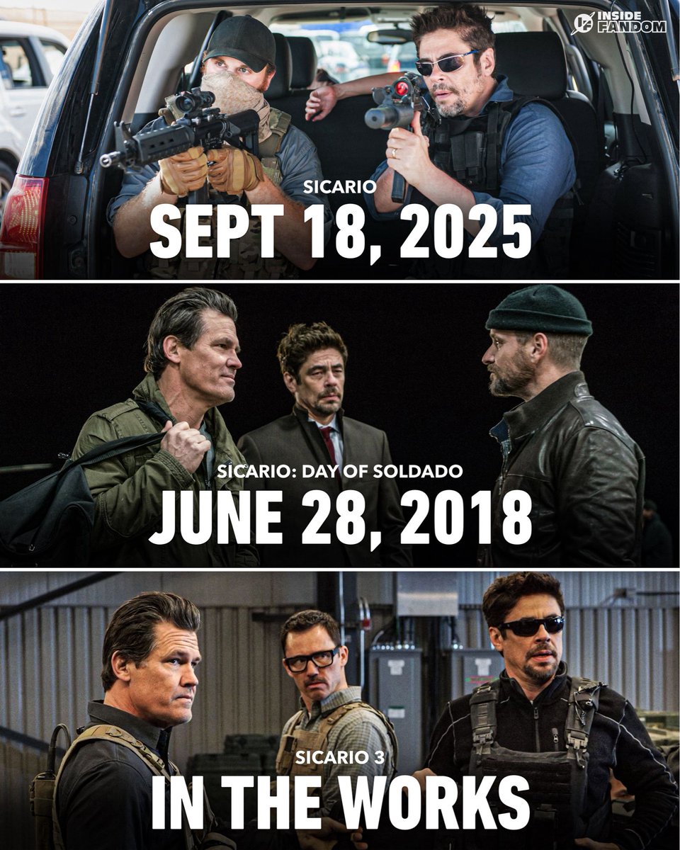 InsideFandom's tweet photo. ‘SICARIO 3’ is officially moving forward with Emily Blunt, Benicio Del Toro and Josh Brolin all returning.

Padraic McKinley is set to direct with Steven Knight writing the script.

(via: Deadline) https://t.co/0x2Vy8rt5U