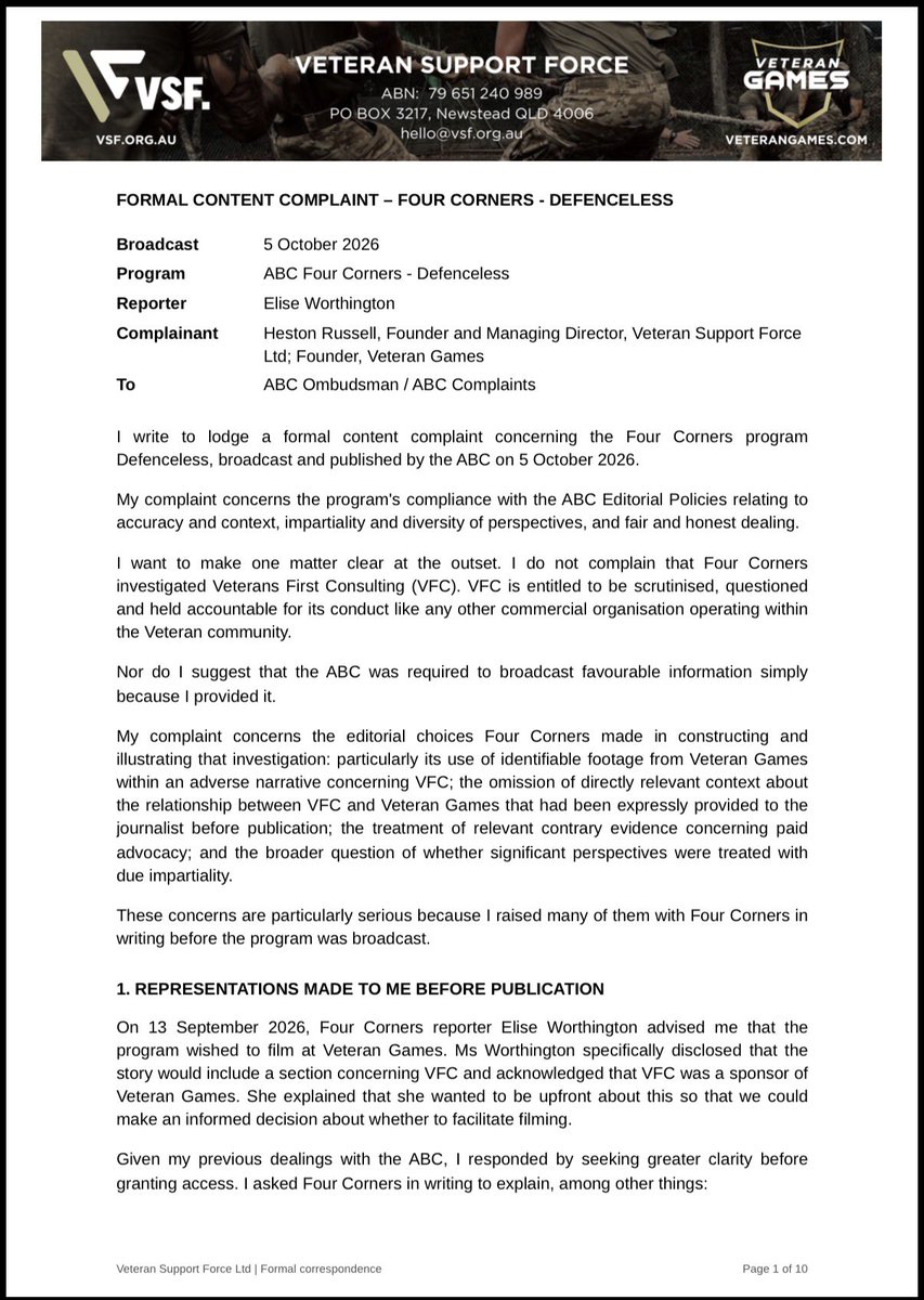 HestonRussell's tweet photo. Last night, ABC Four Corners used Veteran Games footage completely out of context, while omitting the positive facts we provided about our purpose, impact &amp; sponsors. We’ve now lodged a formal complaint with the ABC Ombudsman. Accuracy. Context. Fairness. #NotMyABC #Media https://t.co/upTGrKpzQv
