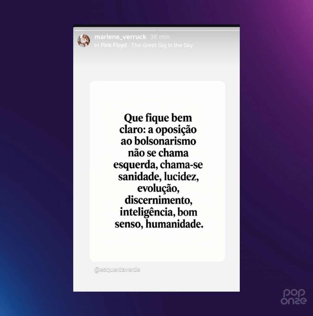 poponze's tweet photo. Marlene Verruck, mãe de Jonas Sulzbach, que se posiciona politicamente à direita, publicou uma crítica ao bolsonarismo:

“A oposição ao bolsonarismo não se chama esquerda, chama-se sanidade, lucidez, evolução, discernimento, inteligência, bom senso, humanidade.” https://t.co/hGFG6YeBJg