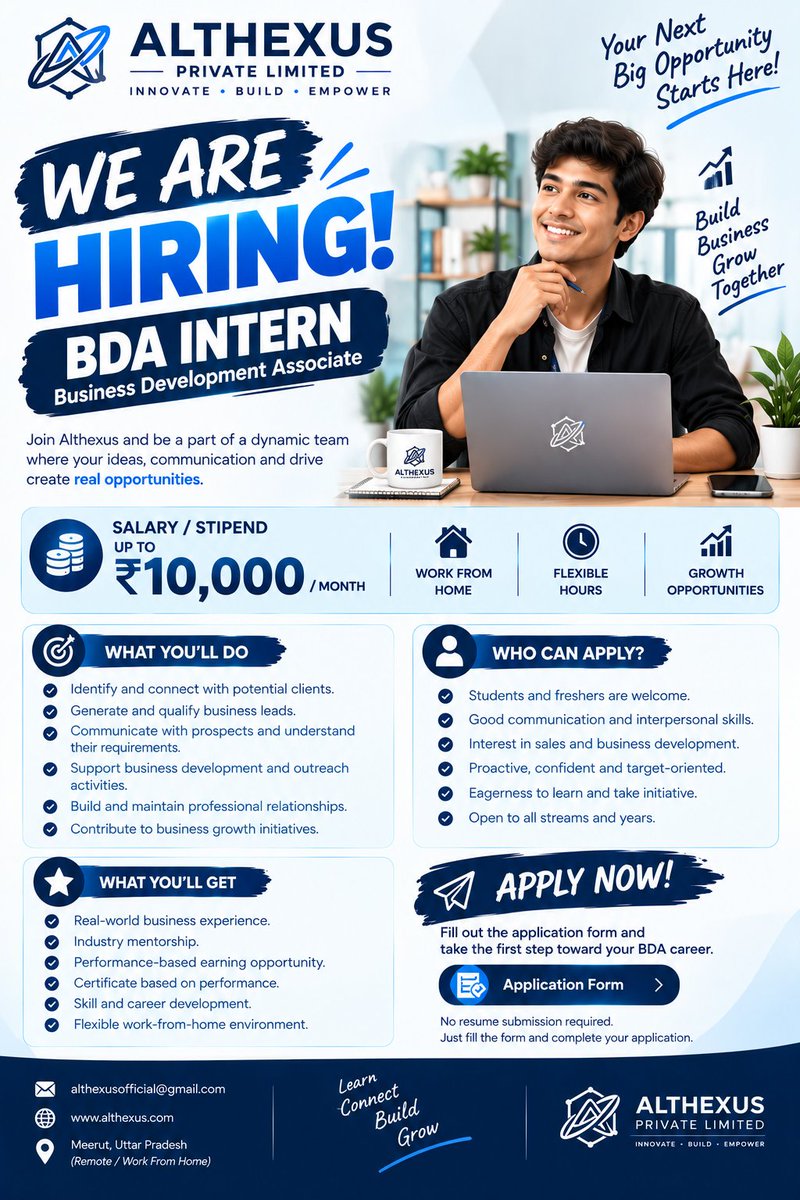 Althexus's tweet photo. 🚀 WE ARE HIRING | BDA INTERN

🔗 Application Form:
 https://t.co/TzPIXtHtCf

#Althexus #WeAreHiring #BDAIntern #BusinessDevelopment #BusinessDevelopmentIntern #HiringAlert #InternshipOpportunity #WorkFromHome #RemoteInternship #PaidInternship #UpTo10000 #FreshersHiring #Sales https://t.co/h5B3gO8Owx