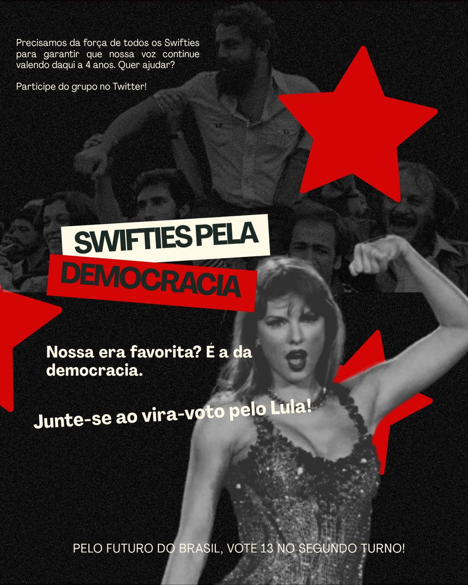 ididsmthingbad's tweet photo. SWIFTIES PELA DEMOCRACIA ⭐️ ❤️

Pessoal, estamos organizando um grupo para ajudar a divulgar conteúdos nas redes sociais que contribuam para a eleição do presidente Lula. 

Estamos em um momento de risco da democracia, o senado está totalmente tomado pela extrema direita, e acreditamos que o presidente Lula é a pessoal ideal para defender nossos direitos. 

Precisamos alcançar aqueles que ainda não sabem quem votar. Se você quer fazer parte disso, principalmente se você produz conteúdo nas redes sociais para a Taylor, coloque "in" nos comentários.