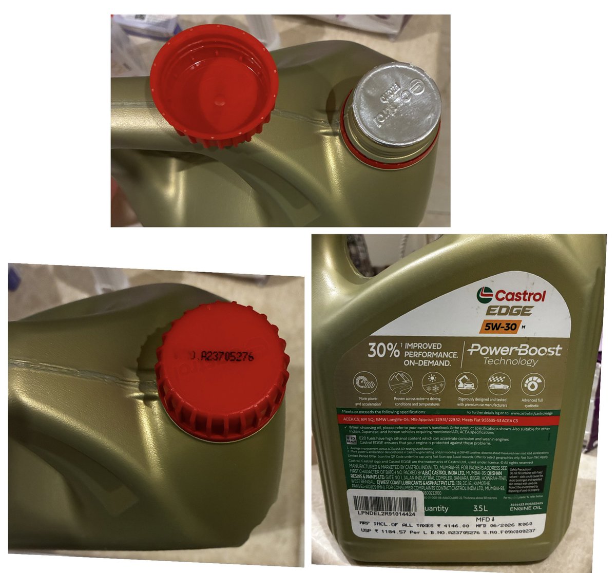agrasam's tweet photo. @CastrolIndia @amazonIN I bought 3 Castrol EDGE 5W-30 cans from Amazon (ETrade Online). All 3 caps appeared tampered &amp; promo QR codes were missing. My mechanic refused to use them, suspecting counterfeit/tampering.Orders: 404-4456732-4488318
#Castrol #AmazonIndia #ConsumerSafety https://t.co/sjdruqiTat