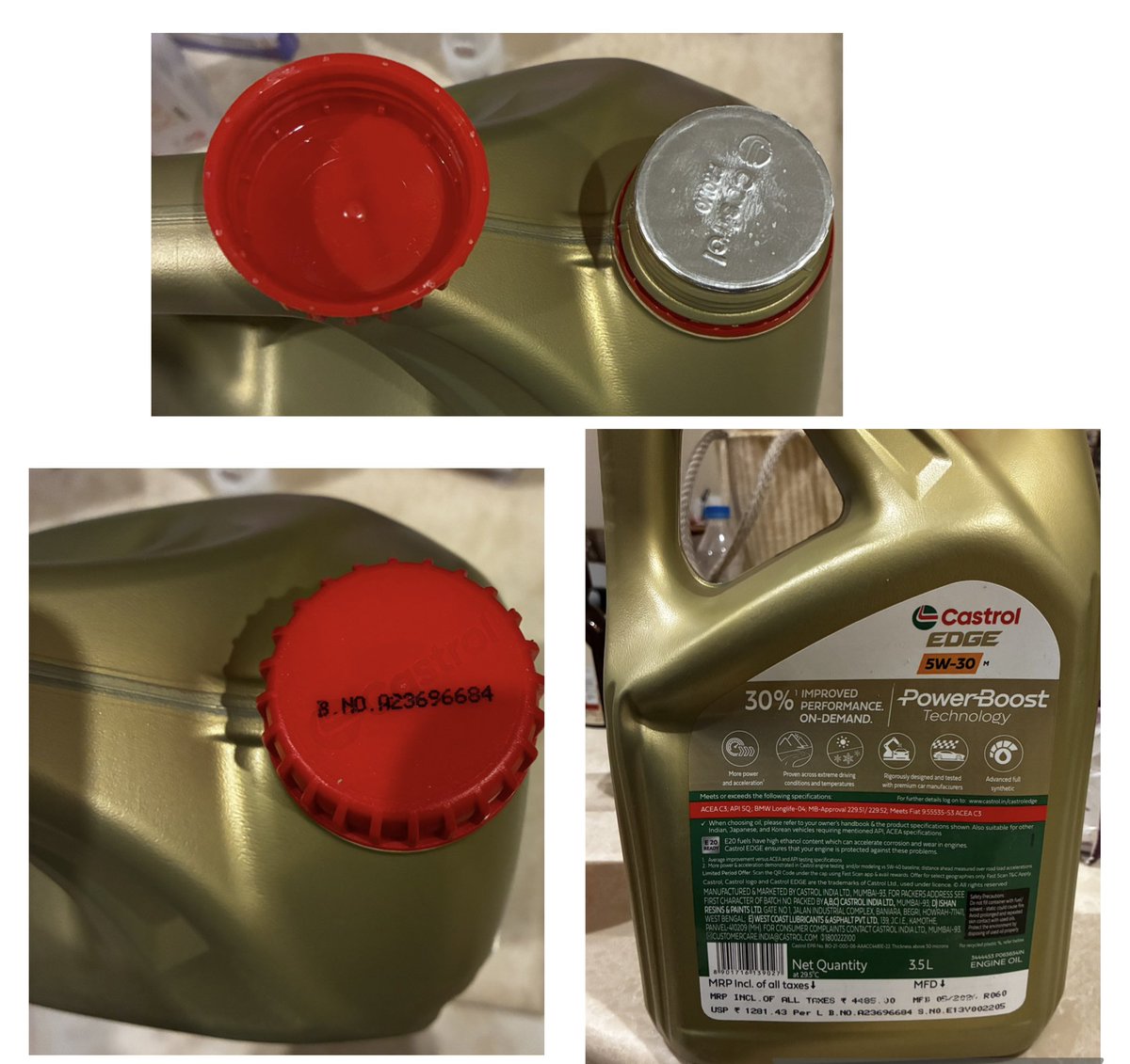 agrasam's tweet photo. @CastrolIndia @amazonIN I bought 3 Castrol EDGE 5W-30 cans from Amazon (ETrade Online). All 3 caps appeared tampered &amp; promo QR codes were missing. My mechanic refused to use them, suspecting counterfeit/tampering.Orders: 404-4456732-4488318
#Castrol #AmazonIndia #ConsumerSafety https://t.co/sjdruqiTat