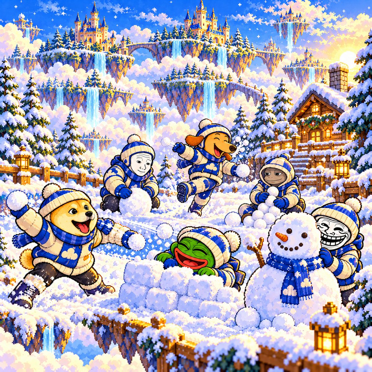 TheMemeAgencies's tweet photo. Doge starts the snowball fight, Pepe builds a fort, and Trollface hides behind the snowman—Meme Agency’s winter getaway just got competitive. ❄️😂 

#MemeAgency https://t.co/nAjfiFJTfg
