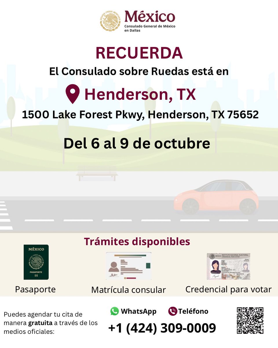 ConsulMexDal's tweet photo. 📣¡QUE NO SE TE PASE!
Del 6 al 9 de octubre el #ConsuladoSobreRuedas estará en #HENDESON
¿Necesitas pasaporte, matrícula consular o tu credencial para votar?
Agenda tu cita al:
☎️(424) 3090009 o al:
💻https://t.co/jZihT4Z51r https://t.co/P95wL1nnQV