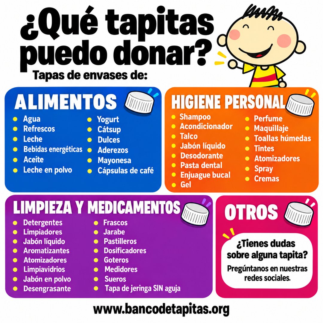 bancodetapitas's tweet photo. #SeReciclan #Tapitas contra el cáncer infantil

¡💛 ¿Sabías que puedes donar más que tapitas de agua y refresco?

En casa hay muchas que pueden sumarse a nuestra causa: tapas de envases de leche, aceite, shampoo, pasta dental, detergente y muchos productos más. ♻️

👀 Revisa la imagen para conocer cuáles puedes recolectar. ¡Seguro encontrarás algunas que antes tirabas!

💬 ¿Tienes dudas sobre alguna tapita? Déjanos tu pregunta en los comentarios.
📲 Comparte esta publicación para que más personas se sumen.

🌐 Conoce dónde donar en https://t.co/RBYNAuChzo

#BancoDeTapitas #TapitasConCausa #ReciclaYAyuda #ContraElCáncerInfantil