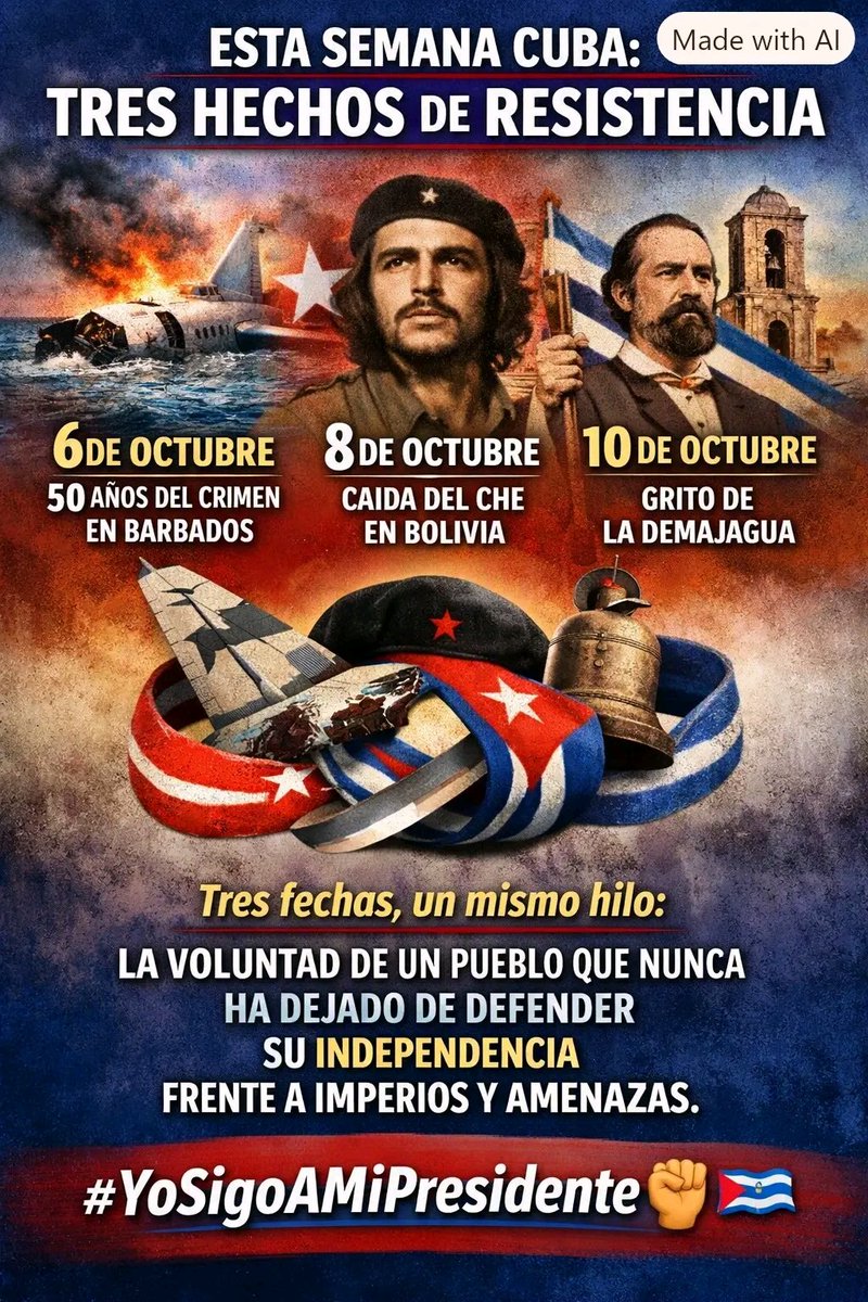 pina_veliz's tweet photo. Tres fechas, un mismo hilo: la voluntad de un pueblo que nunca deja de defender su independencia. Barbados, Che y La Demajagua nos inspiran. #LatiendoConFidel #CubaViveEnSuHistoria #CiegodeÁvila @Colina_CTCuba @Cuba_CTC @ArletyBarazal @EduardoLopezL65 @PieterTerry @CTCProCav https://t.co/UTIKbAaFVx