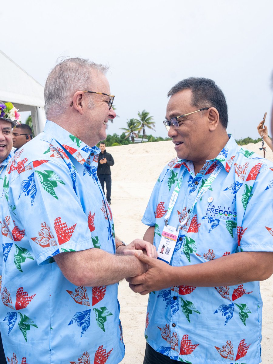 AlboMP's tweet photo. Climate change isn't a future challenge for the Pacific. It's a daily reality.

And here in Tuvalu the stakes are higher than any other part of the world. 

Working side by side with our Pacific neighbours, Australia is stepping up to play our part. 

Finding local solutions to global challenges. Driving the clean energy transition. Bringing the world’s attention to our region. 

Because the Pacific’s future is our future  - and we’ll support our neighbours every step of the way.