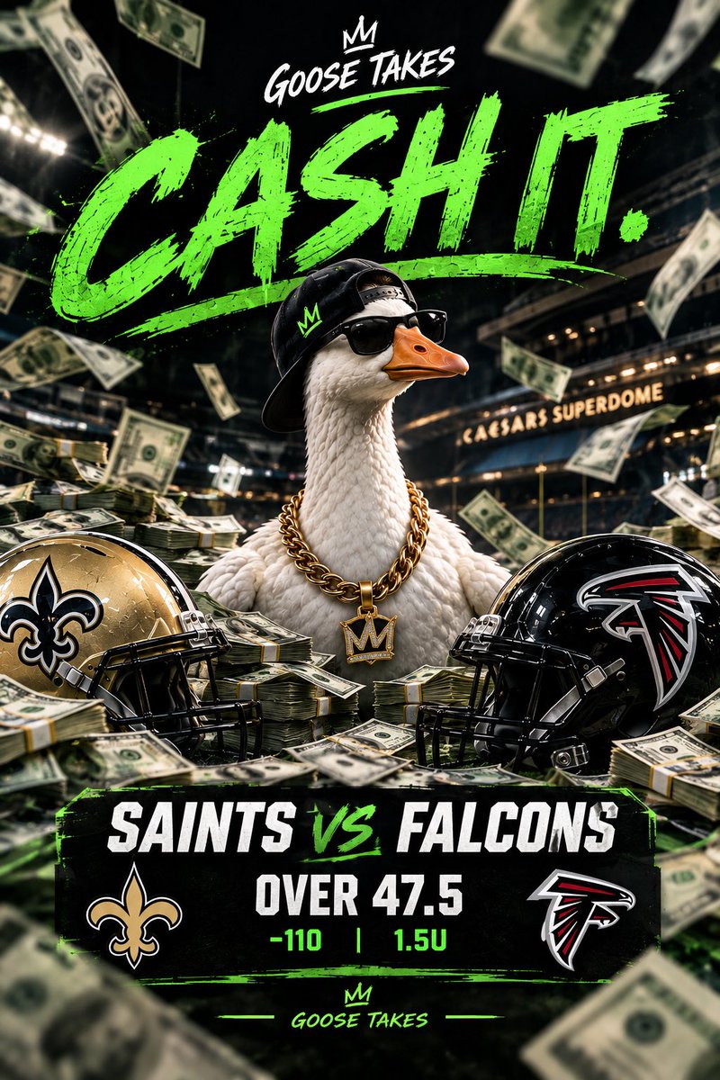 GoosesTakes's tweet photo. HONK. 🪿

✅ OVER 47.5 -110 1.5U CASHED 💰🔥

Atlanta Falcons vs New Orleans Saints. MONDAY NIGHT FIREWORKS. 🏈

ONLY PLAY TONIGHT. CASHED. 💥

10-1 IN OUR LAST 11. 91% WIN RATE. 📈📈📈

Follow @GoosesTakes + notifications ON for the next one 🔔

RT if you rode with us 🔁 https://t.co/9dwwKr8gHM