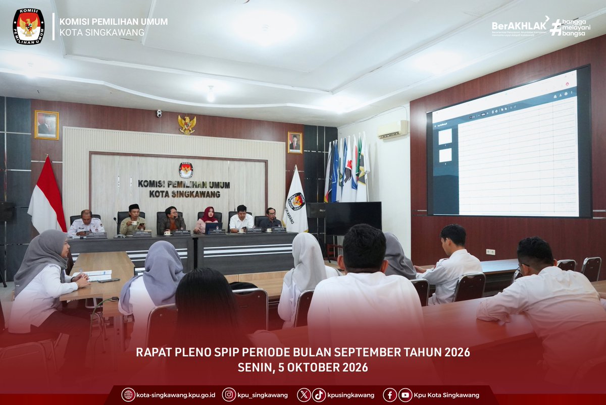 kpusingkawang's tweet photo. #TemanPemilih, KPU Kota Singkawang melaksanakan Rapat Pleno SPIP Periode Bulan September Tahun 2026, Senin (5/10/2026), bertempat di Aula KPU Kota Singkawang. https://t.co/f8Cgttp2Jq