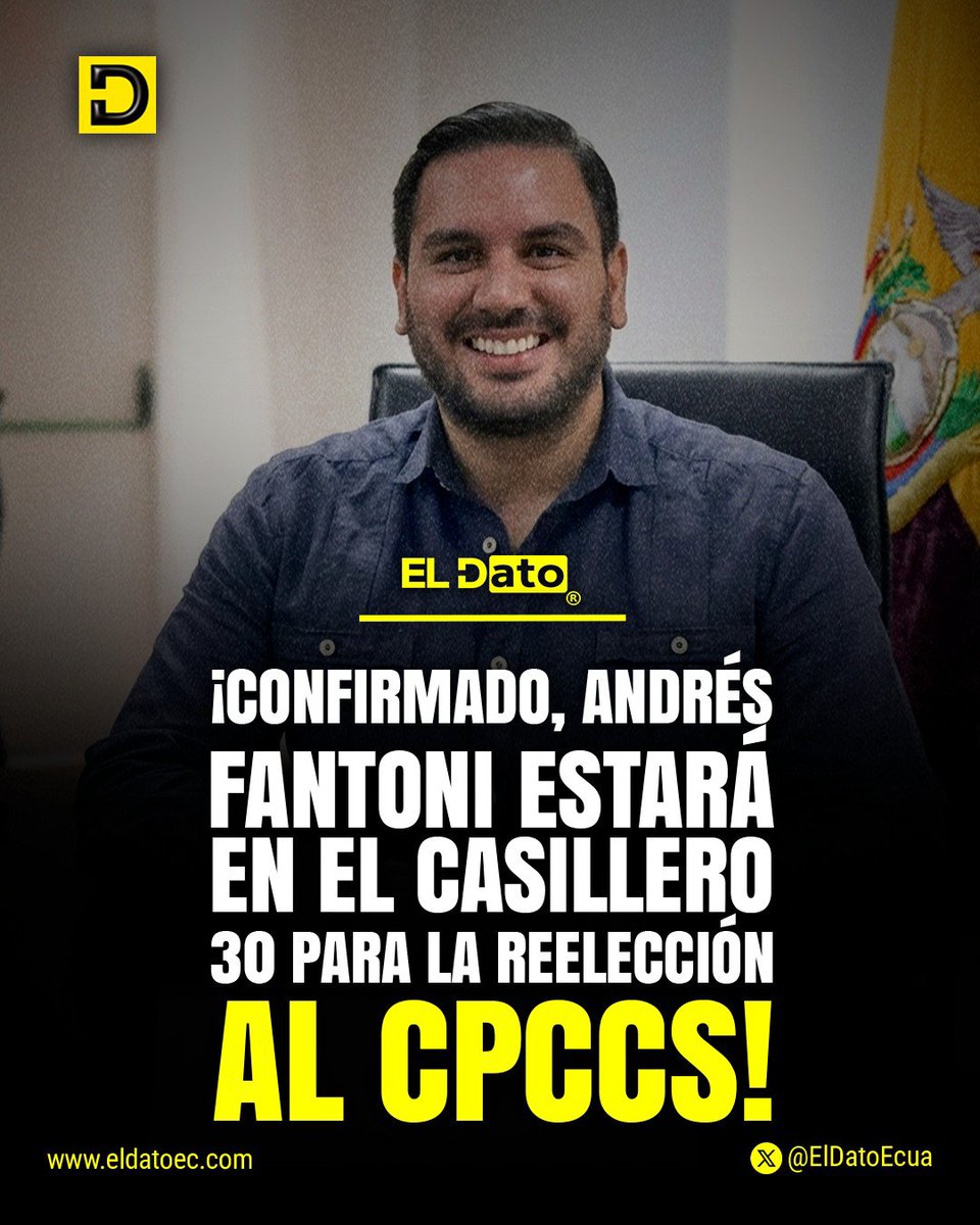 ElDatoNews's tweet photo. #Urgente ¡CONFIRMADO, ANDRÉS FANTONI ESTARÁ EN EL CASILLERO 30 PARA LA REELECCIÓN AL CPCCS!

Andrés Fantoni, actual presidente del Consejo de Participación Ciudadana y Control Social (CPCCS), participará en las elecciones del 29 de noviembre de 2026 para la renovación del organismo. El Consejo Nacional Electoral (CNE) realizó el 1 de octubre el sorteo público que definió la ubicación de las candidaturas en la papeleta y Fantoni quedó en el casillero 30 entre los candidatos hombres. 

De cara a este nuevo proceso, Fantoni plantea dar continuidad al fortalecimiento de la educación ciudadana sobre derechos y deberes, así como a los mecanismos de participación y control social. Durante su gestión, el CPCCS reportó más de 800 talleres y 205 Escuelas de Formación en Participación Ciudadana, con alrededor de 11.000 ciudadanos participantes; además, se desarrollaron procesos de acompañamiento a asambleas locales, consejos de planificación, observatorios y otros espacios de participación. 

Entre las herramientas que busca seguir fortaleciendo están las veedurías ciudadanas, observatorios, comités de usuarios y la Silla Vacía, mecanismo que permite a representantes ciudadanos participar con voz y voto en sesiones de los GAD. En agosto de 2026, Fantoni acompañó la implementación de este mecanismo en el Consejo Provincial de Manabí, como parte de una agenda orientada a ampliar la incidencia ciudadana en las decisiones públicas. @AndresFantoniB

#ElDato #Ecuador #Cpccs #Elecciones