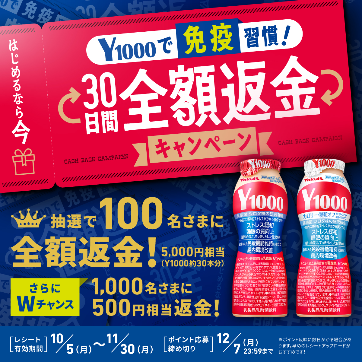 yakultad's tweet photo. 【全額返金キャンペーン開催中】
 ＼ 「Ｙ１０００」に免疫に関する機能が追加されました✨／ 

抽選で100名様に「Ｙ１０００」約30本分の5,000円相当のデジタルギフトが当たる！
さらに1,000名様に500円相当が当たるWチャンスも🎁
 「Y１０００」をはじめるなら今！対象期間は11月30日まで。