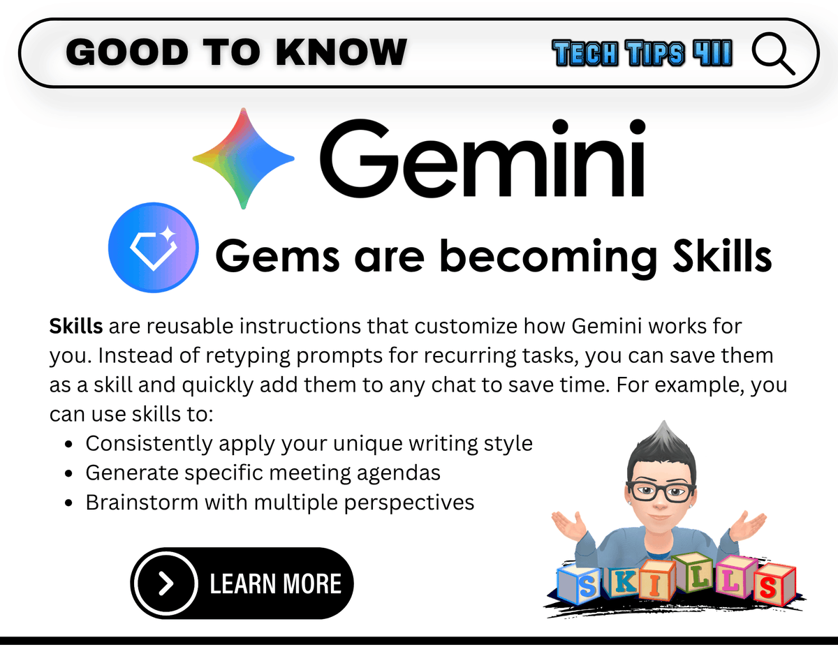 apsitjen's tweet photo. Check out this week's issue of #TechTips411 with #edtech tools, tips, and apps.
https://t.co/rhAr254csw
🔲 Maker World Lab
🍏 Add to Google Classroom Chrome Extension
💎 @GeminiApp Gems -> Skills
@DiscoveryEd 's Sandbox AR https://t.co/IzPlhV9g0m