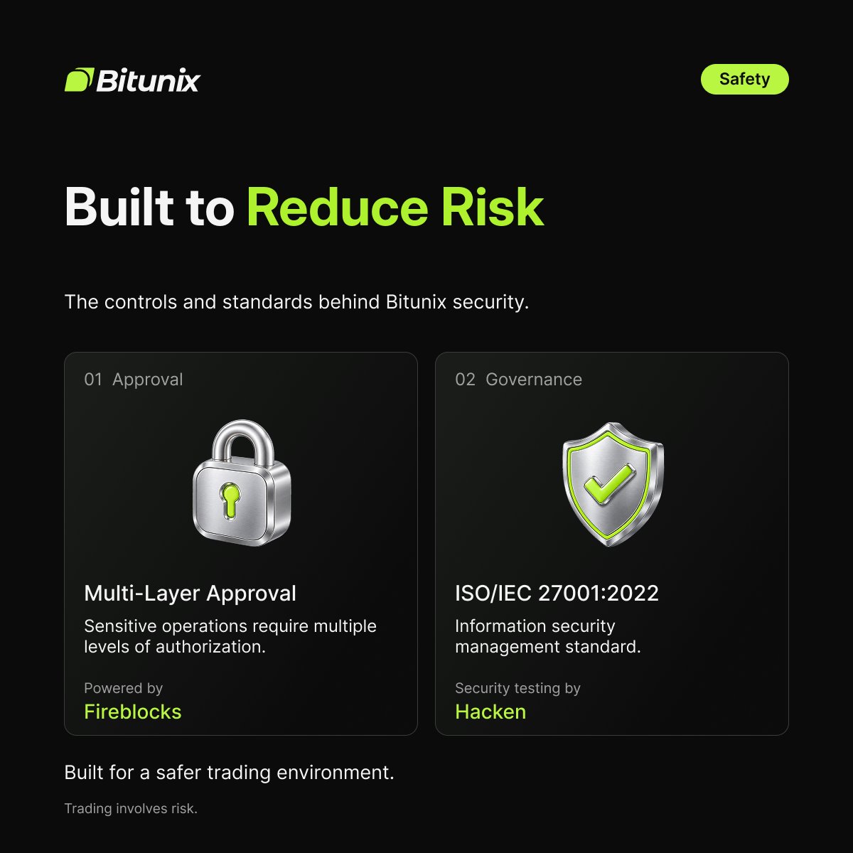 BitunixOfficial's tweet photo. Security is built in layers. 🔐

From multi-layer approval powered by @FireblocksHQ to security testing with @hackenclub, we’re building stronger controls around the actions that matter most.

Built to reduce risk. Built for Bitunix Ultra. https://t.co/0C0MLGymgT