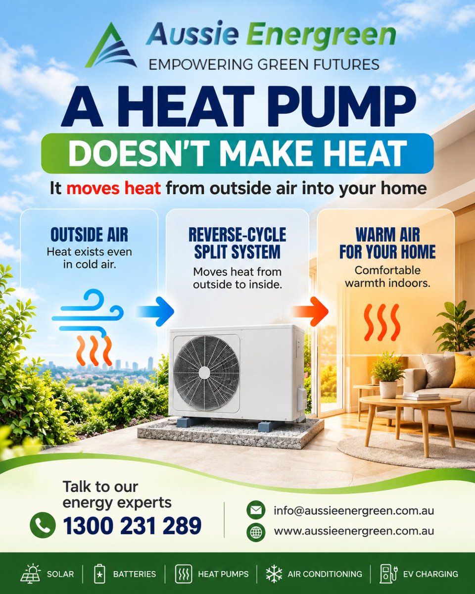 aussieenergreen's tweet photo. A heat pump doesn't make heat. It moves it.
https://t.co/c9KTrc96j1

📞 1300 231 289
📧 info@aussieenergreen.com.au

#AussieEnergreen #HeatPump #ReverseCycle #SplitSystem #AirConditioning #EnergyEfficiency #MelbourneHomes #EmpoweringGreenFutures https://t.co/LCocYuMVHu