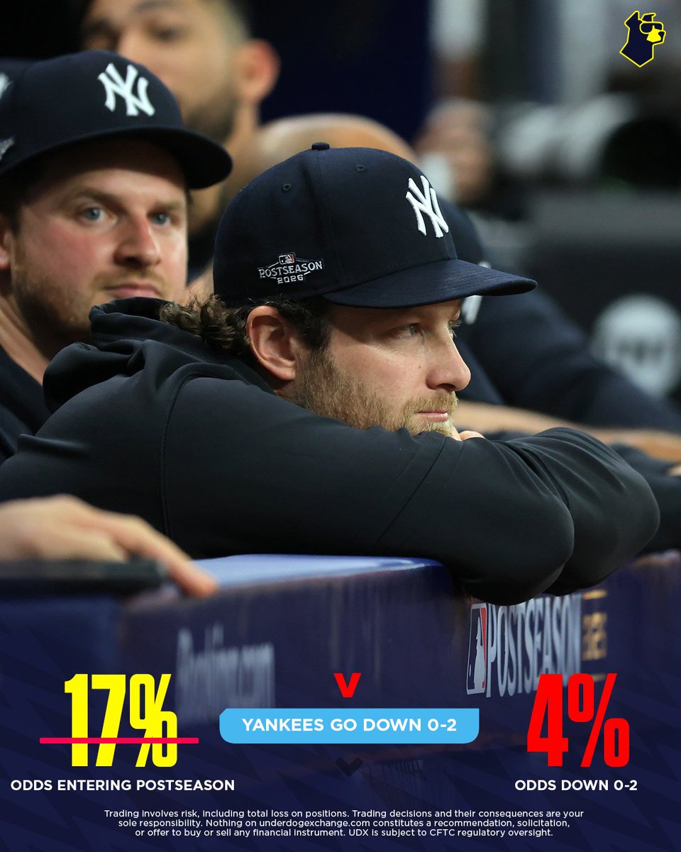 Underdog's tweet photo. The Yankees entered the postseason with 17% odds to win it all

They're down to just 4% after dropping to 0-2 against the Rays

https://t.co/wXQxSfjisw https://t.co/6b6rry4orN