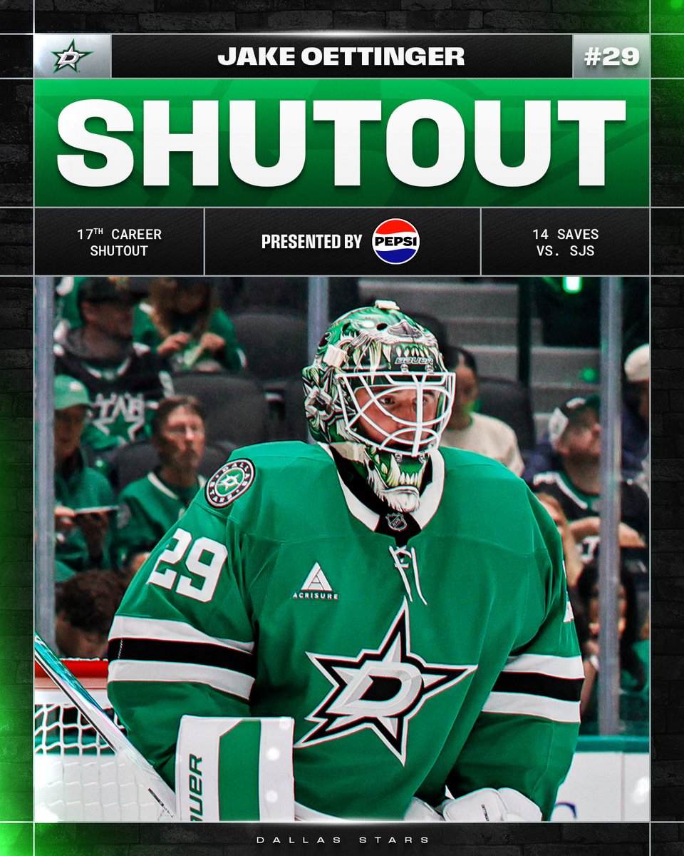 Nothing got passed this Otter! 🦦🚫

Jake Oettinger earns his first @​pepsi shutout of the season! 
 [📷](https://pbs.twimg.com/media/HT6nUZfaMAA49qO.jpg) https
