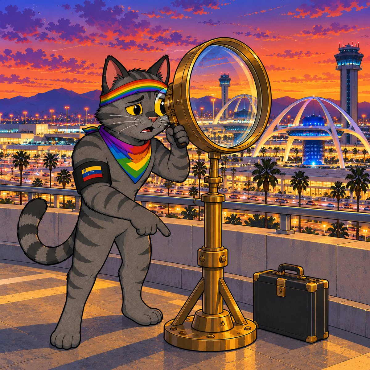 airamcita's tweet photo. 🌈 SACHA — “¡Ay Cariño! Imagine surviving LAX traffic only to discover international espionage was waiting at Terminal Arrivals.”

#Sachacat #LAX #FBI #Espionage #Taiwan #BeverlyHillsCatSquad #BreakingNews #NewsSatire #PoliticalSatire #CatComedy #FunnyCats #October52026 https://t.co/70Q4ajic1c