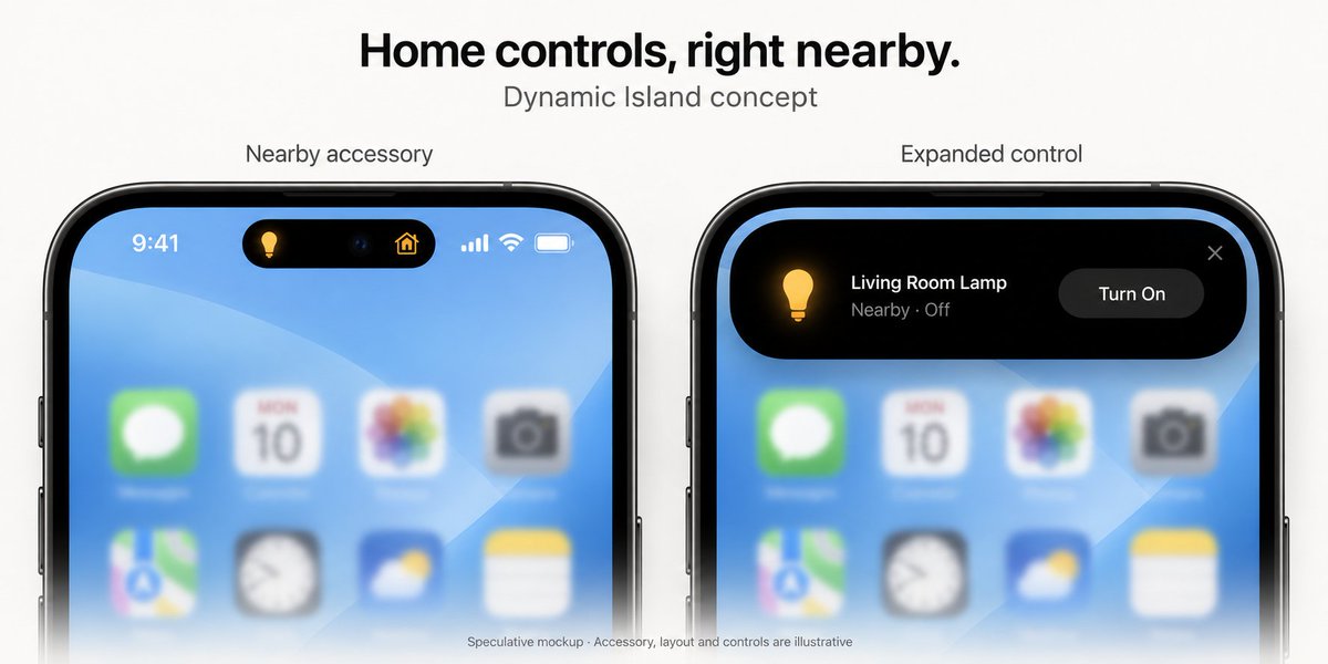 aaronp613's tweet photo. iOS 27.2 beta 3 includes new HomeKit code suggesting nearby smart-home accessories could show controls in the Dynamic Island.

A new method explicitly references showing Dynamic Island controls through HomeKit’s proximity manager. 

This is an AI mockup of what it may look like: https://t.co/szddeb2nCg