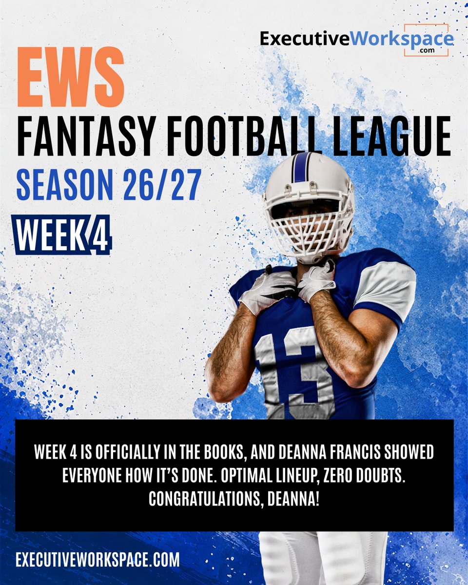 executivework_'s tweet photo. Week 4 is officially in the books, and Deanna Francis showed everyone how it’s done. Optimal lineup, zero doubts. Congratulations, Deanna!

#executiveworkspace #fantasyfootball #football #winner #success #cowboys #dallas #dfw #austin #office #business #privateoffice #NFL https://t.co/GpHzZ5iSCZ
