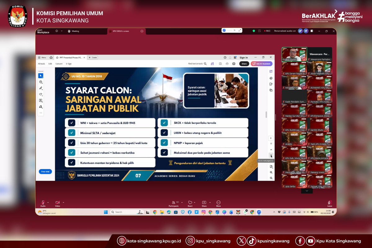 kpusingkawang's tweet photo. #TemanPemilih, KPU Kota Singkawang mengikuti kegiatan Bedah Buku Seri II yang diselenggarakan oleh KPU Kabupaten Sikka dengan mengangkat tema “Dinamika Syarat Calon &amp; Syarat Pencalonan Kepala Daerah dan Wakil Kepala Daerah pada Pemilihan Serentak 2024”, Senin (5/10/2026). https://t.co/ZrdUi1bEIM