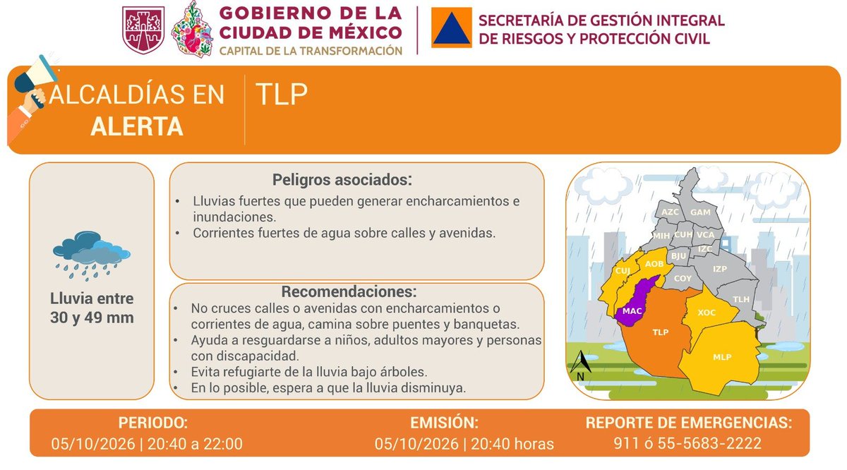 GobCDMX's tweet photo. 🟣 Se activa #AlertaPúrpura en la @ALaMagdalenaC por pronóstico de lluvias fuertes.

🟠 | Se activa #AlertaNaranja

🟡 | Se mantiene #AlertaAmarilla 

Para más información consulta las redes de la @SGIRPC_CDMX. Mantente al tanto de las últimas actualizaciones, ante una emergencia recuerda que puedes llamar al #911. ☎️

A través del #911 continuamos brindando atención de reportes ciudadanos. 

Seguimos informando.