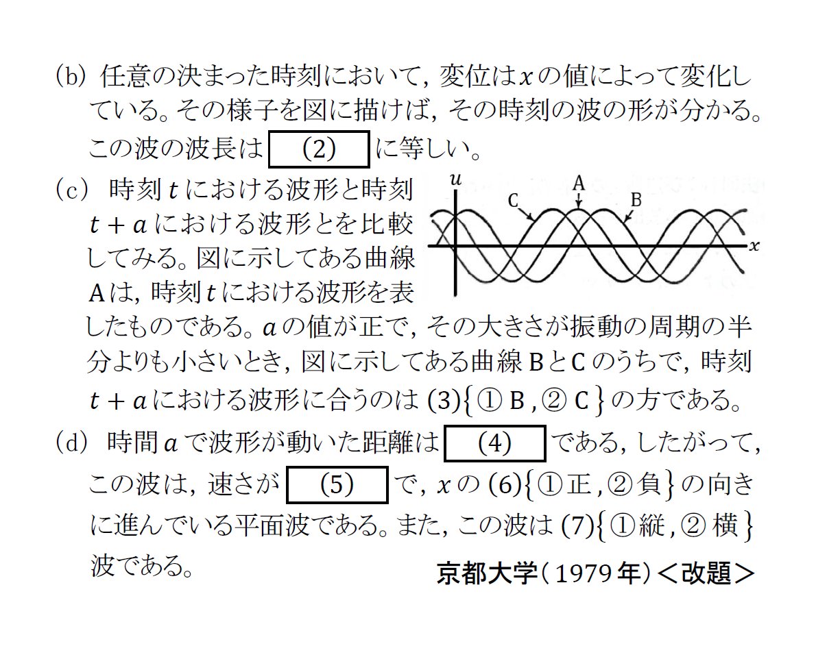 manabu_physics's tweet photo. 【半世紀前の入試問題で総復習】
 波動６(実戦問題⑬⑭)

添付ファイルは，京都大学(1979)，立命館大学(1973)の過去問です。聖文社『物理入試問題詳解』では，⑬《標準》，⑭《難・新傾向》の評価です。いわゆる「正弦波の式」「波の式」には，波に関する情報のすべてが入っていることを確認します。 https://t.co/gUkqsyPKcf