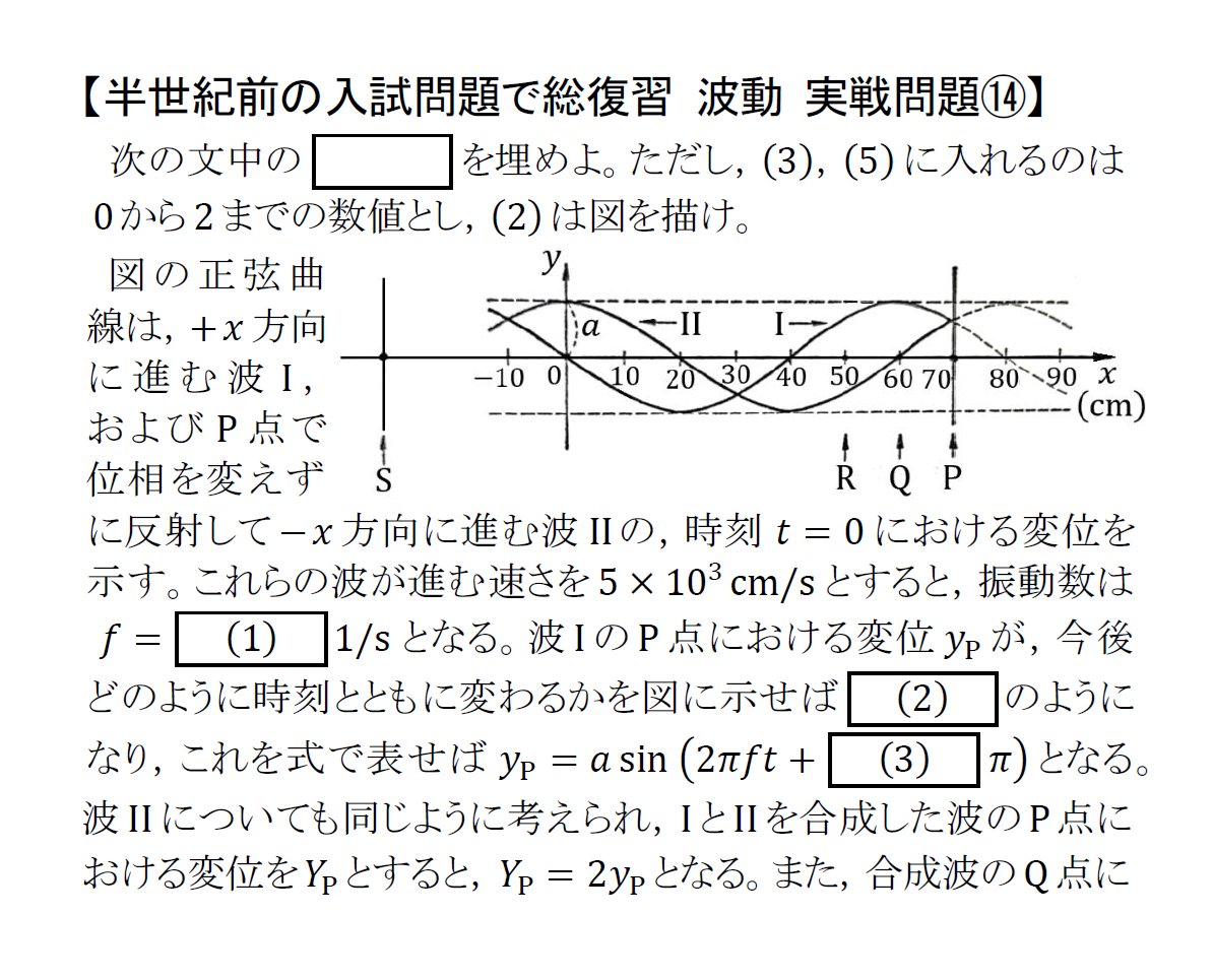 manabu_physics's tweet photo. 【半世紀前の入試問題で総復習】
 波動６(実戦問題⑬⑭)

添付ファイルは，京都大学(1979)，立命館大学(1973)の過去問です。聖文社『物理入試問題詳解』では，⑬《標準》，⑭《難・新傾向》の評価です。いわゆる「正弦波の式」「波の式」には，波に関する情報のすべてが入っていることを確認します。 https://t.co/gUkqsyPKcf