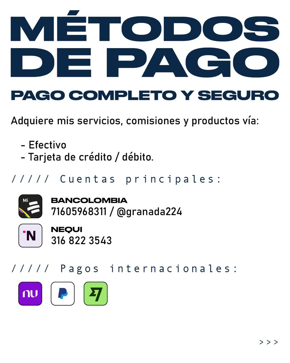 yago_granada's tweet photo. MÉTODOS DE PAGO:

Con el fin de facilitar la adquisición de mis servicios, comisiones o artículos de la tienda, comparto mis cuentas principales habilitadas para transacciones y distribución local, nacional e internacional. https://t.co/IZFqcULS1a