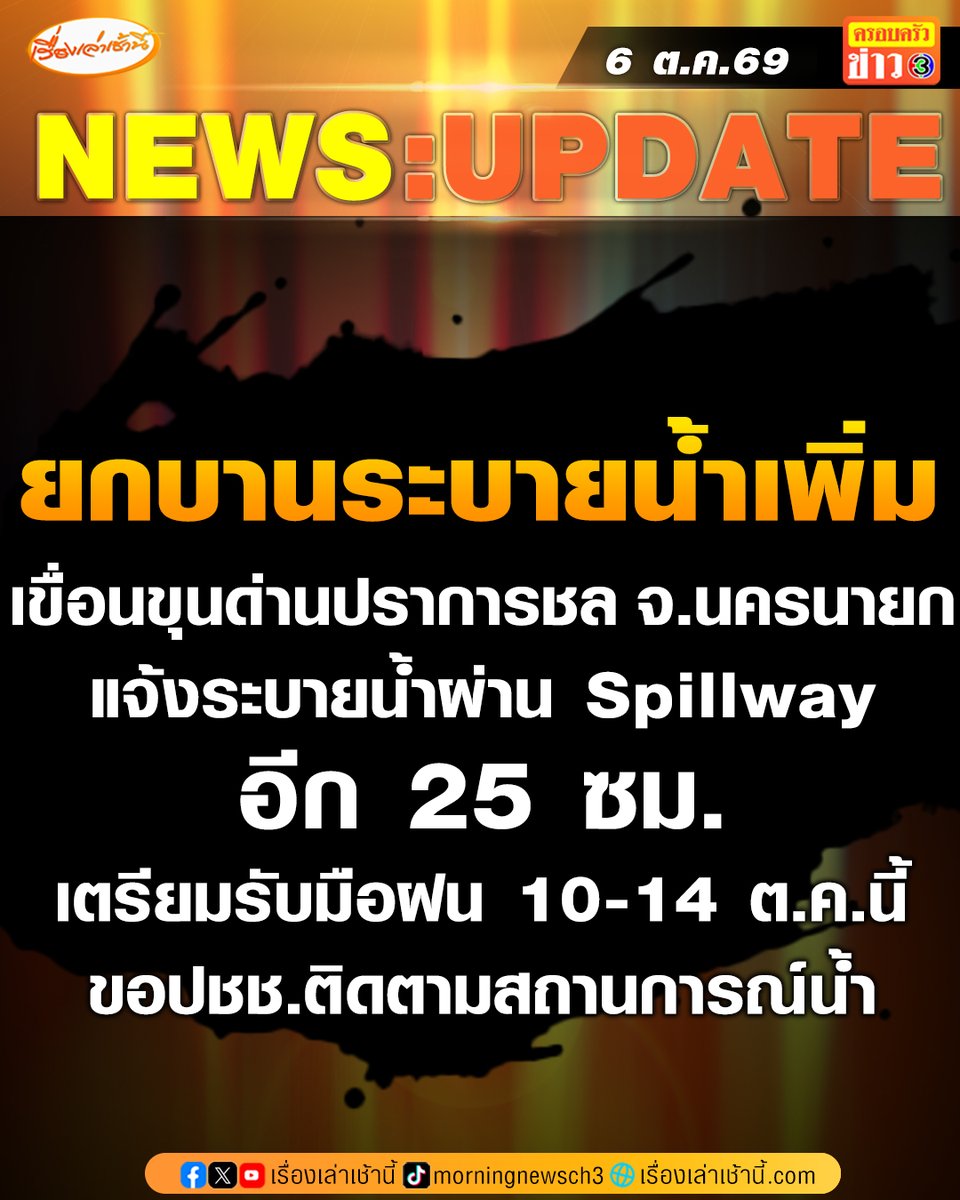 MorningNewsTV3's tweet photo. เขื่อนขุนด่านปราการชล จ.นครนายก โพสต์เฟซบุ๊กแจ้งปรับการระบายน้ำ วันนี้ (6 ต.ค.69) เวลา 08.00 น. ระบายน้ำผ่าน Spillway โดยระยะยกบาน 25 เซนติเมตร (คิดเป็น 4% ของระยะยก) รองรับสถานการณ์ฝนตก 10-14 ต.ค. 69 พร้อมขอให้ประชาชนติดตามสถานการณ์น้ำอย่างใกล้ชิด

#เรื่องเล่าเช้านี้ #ครอบครัวข่าว3 #เขื่อนขุนด่านปราการชล #นครนายก #น้ำท่วม