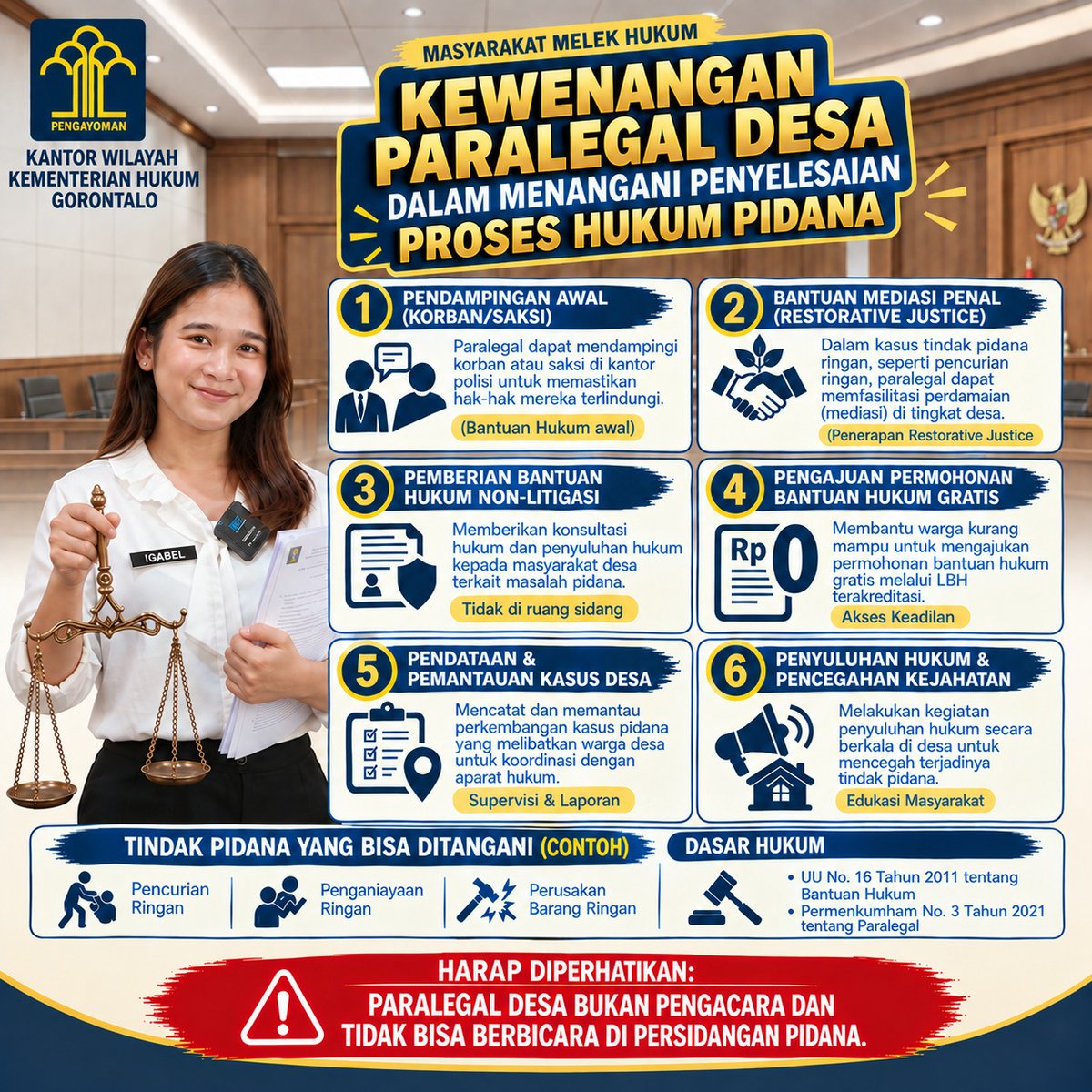 KemenkumGTO's tweet photo. Persoalan hukum dapat terjadi di mana saja, termasuk di lingkungan desa. Karena itu, keberadaan Paralegal Desa menjadi salah satu bagian penting dalam membantu masyarakat memahami dan memperoleh akses terhadap layanan hukum.
#Posbankum #BPHN #Kemenkum #KemenkumGorontalo https://t.co/CJmQaiAveY