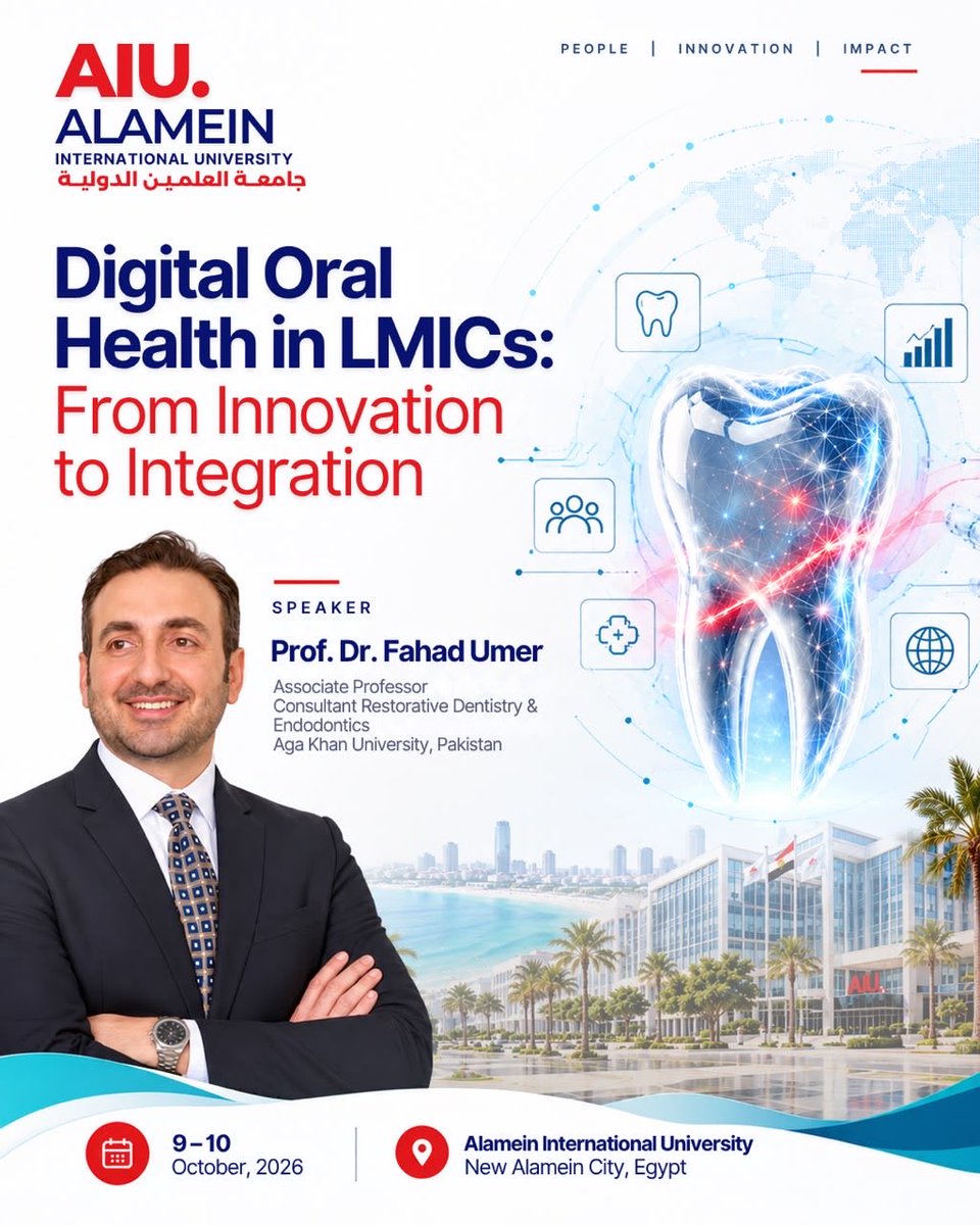 DrFahadUmer's tweet photo. Heading to Egypt this week to present on "Digital Oral Health in LMICs: From Innovation to Integration" at Alamein International University.  
Focusing on how we expand access, enable early detection, and deliver real equity in global health.  
#DigitalHealth  #HealthEquity https://t.co/Zk5275Y6AD