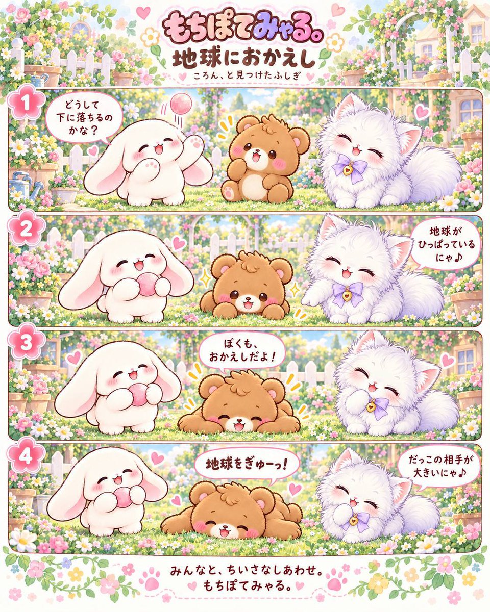 mochipotemyaru's tweet photo. もちぽてみゃる

地球におかえし

お昼のお庭に、小さな「どうして？」。 いつもの景色にも、ふしぎがかくれているね♪

#重力の日 #小さな発見 #もちぽてみゃる #4コマ #癒し https://t.co/aRyRuEmAZy