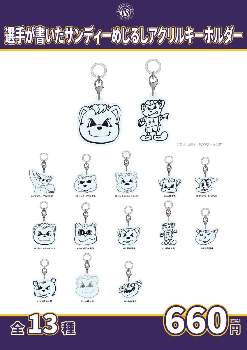 TokyoSunrockers's tweet photo. ＼✨✨ブラインド新商品も登場✨✨／

選手が描いたサンディーめじるしアクリルキーホルダーも仙台戦にて販売📣

#東京サンロッカーズ　#Bリーグ https://t.co/wlhn2hLWq9