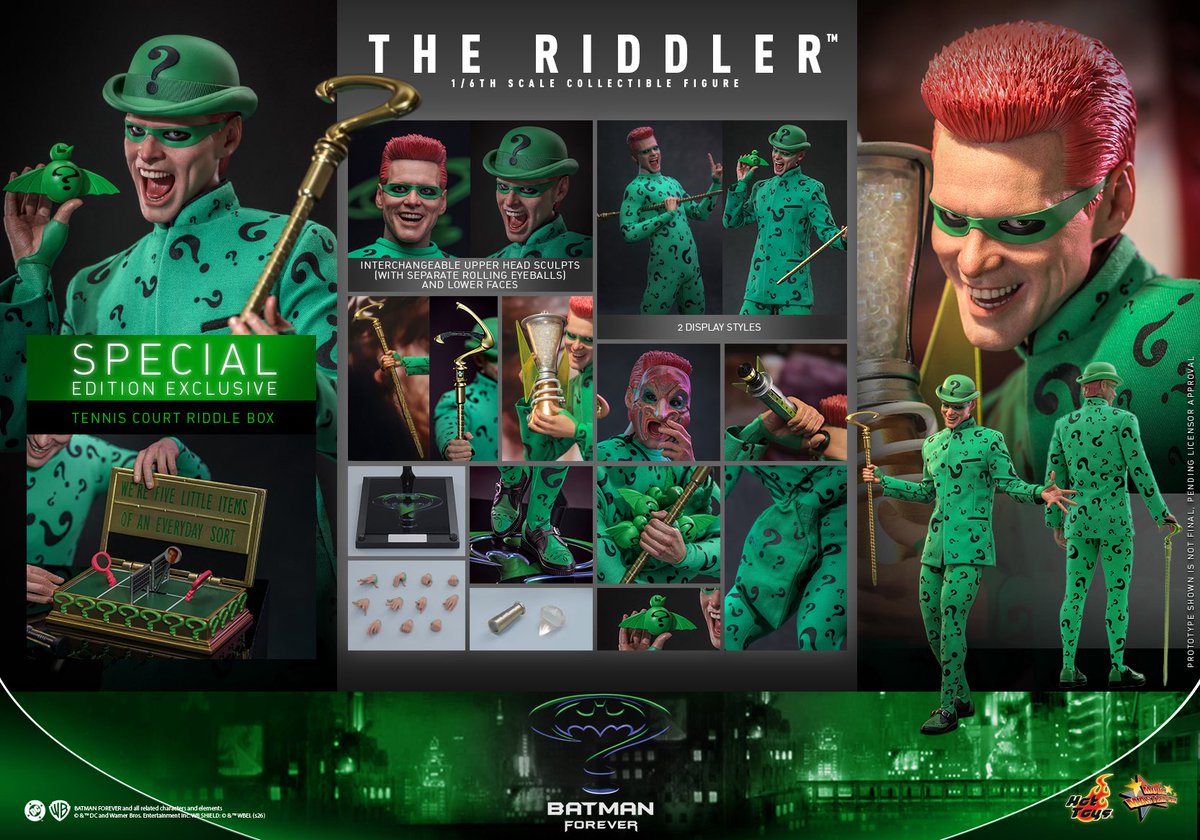 hottoys_japan's tweet photo. 【新製品発表】
トイサピエンス限定！
【ムービー・マスターピース】『バットマン フォーエヴァー』1/6スケールフィギュア　リドラー［ボーナスアクセサリー付き］
2027年12月発売予定！
https://t.co/1riXQQVkGR

#ホットトイズ #DC #バットマンフォーエヴァー #リドラー https://t.co/1D6ujbeEG7