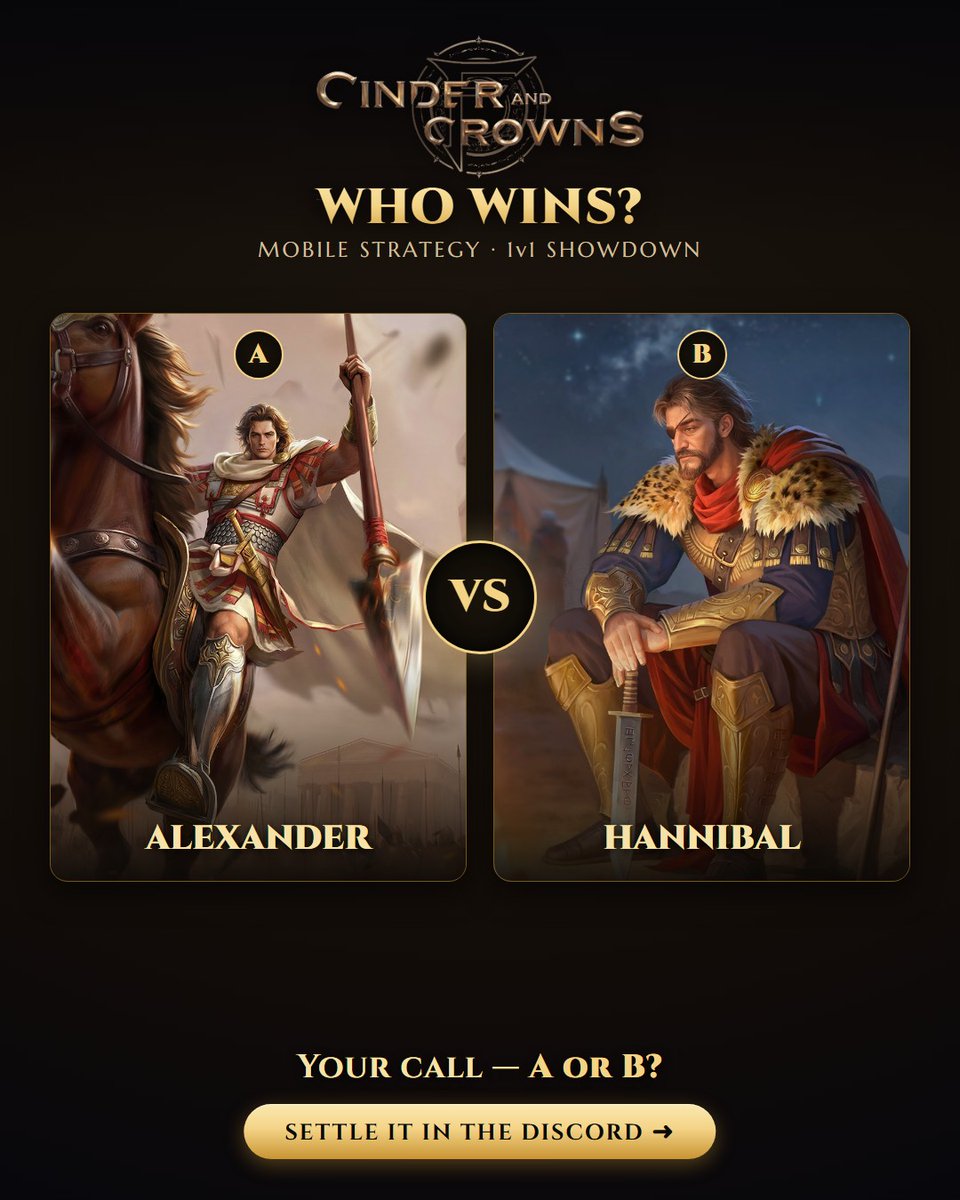 CinderNCrowns's tweet photo. Alexander vs Hannibal, 1v1 — your call, A or B? Join us 👉 https://t.co/ZelSeeevGs #CinderCrowns #StrategyGames https://t.co/g4kNZwbdJf
