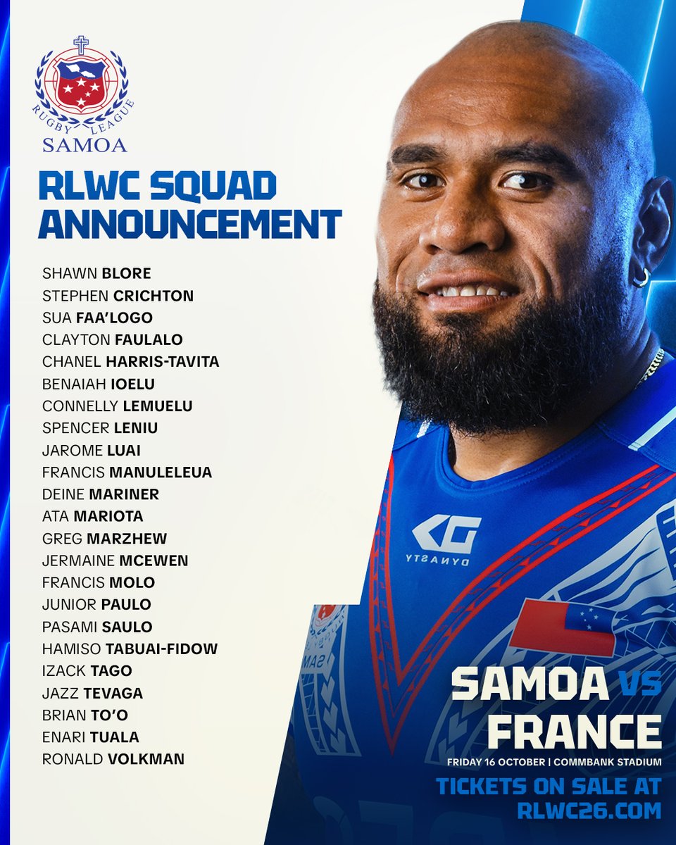 NRL's tweet photo. JUST IN: Toa Samoa have named their squad for the IRL Rugby League World Cup 🇼🇸

Their first match is against France. Next Friday, 16th October at CommBank Stadium. Tickets on sale now: https://t.co/62w2GS6KeA 🎫

#RLWC26 https://t.co/smT5qBxo4I