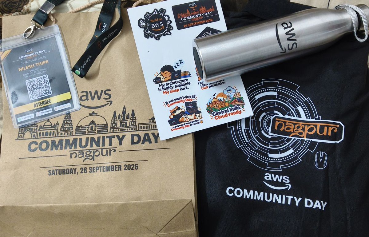 Nileshthipe19's tweet photo. Attended AWS Community Day Nagpur 2026 at Persistent Systems—an inspiring day of learning, networking, and insights from industry experts. Grateful to the AWS User Group Nagpur team, speakers, volunteers, and sponsors! #AWSCommunityDay #ACDNGP26 https://t.co/q6o1LbLhFL