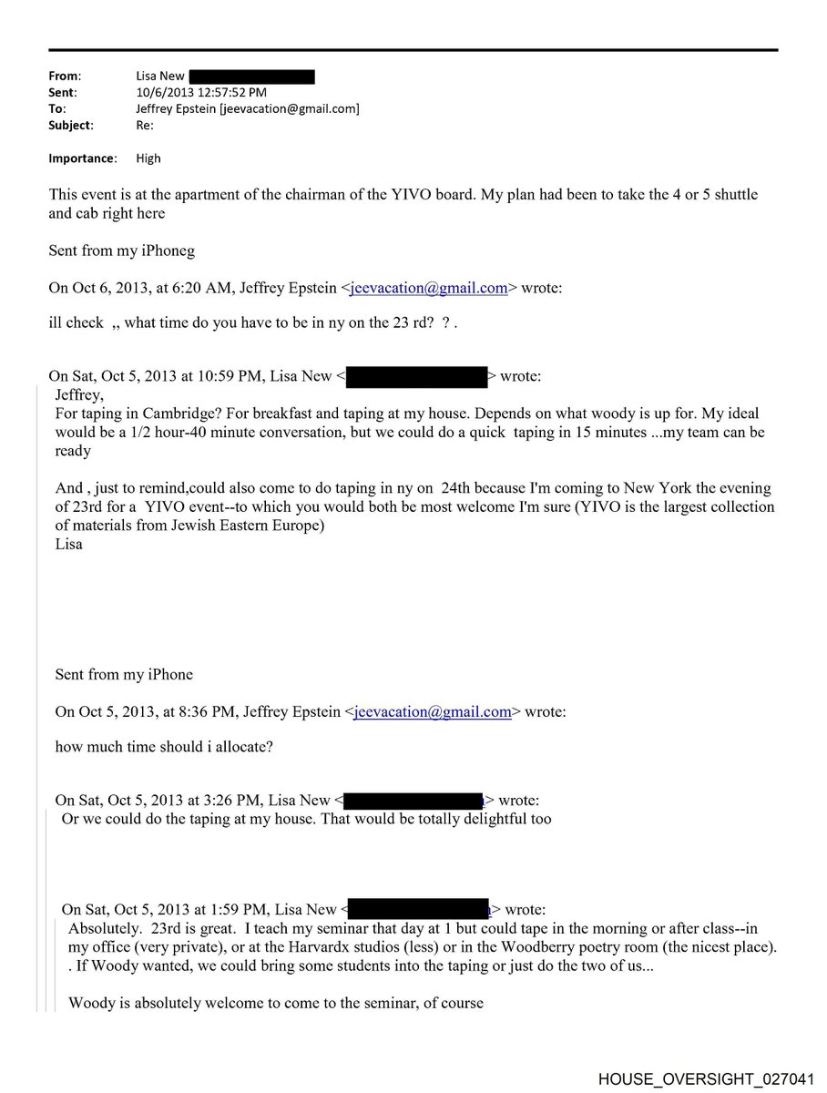 EpsteinsEmails's tweet photo. 📧 Oct 5, 2013 · 10:59 PM
From: Lisa New
To: Jeffrey Epstein

Harvard's Elisa New, Larry Summers's wife, pitching Woody Allen for her poetry series: breakfast and taping at her house, "a 1/2 hour-40 minute conversation," or New York on the 24th.
#EpsteinFiles https://t.co/ocNMXAJtt6