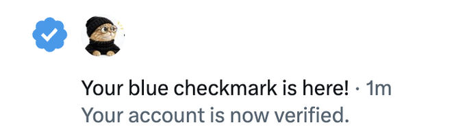 A social media notification announces a blue checkmark verification, displaying the text 'Your blue checkmark is here! · 1m' and 'Your account is now verified.' next to a snail avatar.