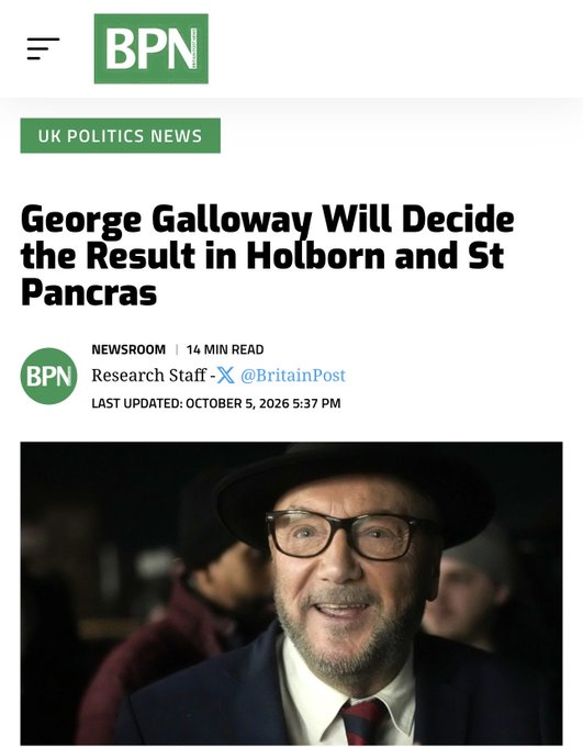 WPB_IslingtonN's tweet photo. George Galloway’s entry into the Holborn and St Pancras race has completely shifted the political landscape. By standing firm and refusing to step aside, the Workers Party is sending a clear message to the establishment. Don't vote #Labour or #Green—vote for @georgegalloway! https://t.co/vc4BzYu7JV