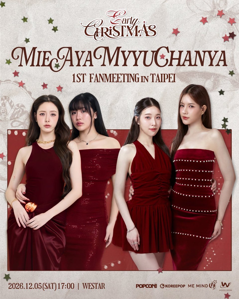 nikkan_chike's tweet photo. EARLY CHRISTMAS MIE AYA MYYU CHANYA 1ST FANMEETING IN TAIPEI 👑🇹🇼
🗓️ 【SCHEDULE】
 * 2026年12月5日 (土) 17:00 開演
📍 【VENUE】
 * WESTAR (台北)
💎 【TICKETING OPTIONS & SEATING】
 * VIP席 / 特典付きエリア ほか各種指定席
ご希望の条件については、今すぐDMにてご連絡ください
（※万が一DMの返信がない場合は、こちらの投稿のコメント欄に [DM] と残してください）
#MieAyaMyyuChanya #Mie #Aya #Myyu #Chanya #タイファンミ #台湾公演 #台北公演 #海外コン代行 #チケット代行 #代理チケッティング #チケッティング代行 #チケット買付 #チケジャム #神席 #良席 #양도 #대리티켓팅 #티켓대행 #WTS #WTE