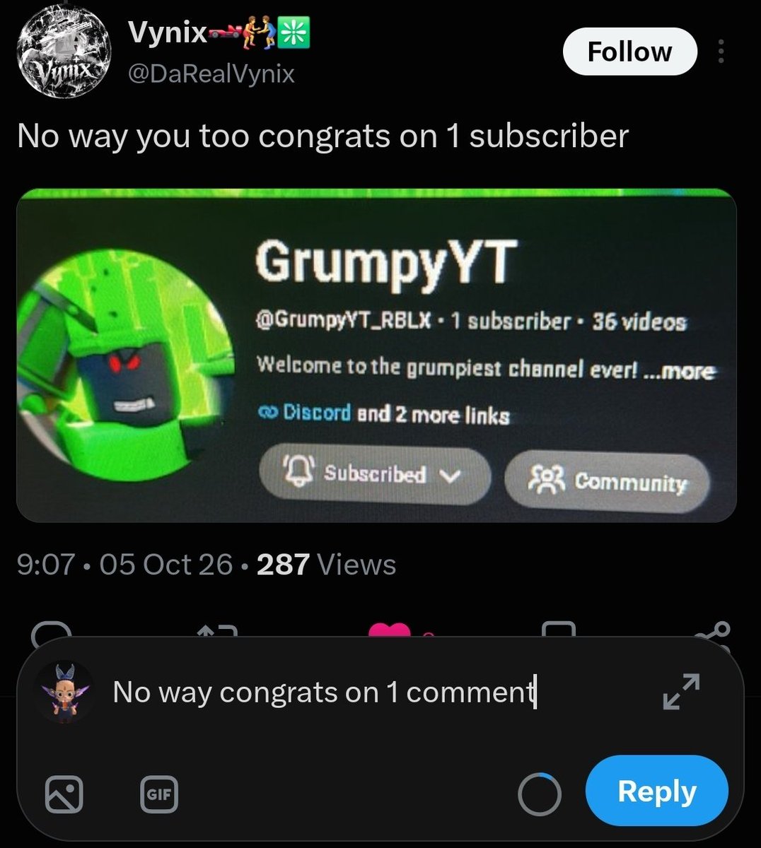 realF0X37's tweet photo. @DaRealVynix @GrumpyYT_RBLX @oceanytides No way congrats on 1 comment https://t.co/YhCnNvGLtH