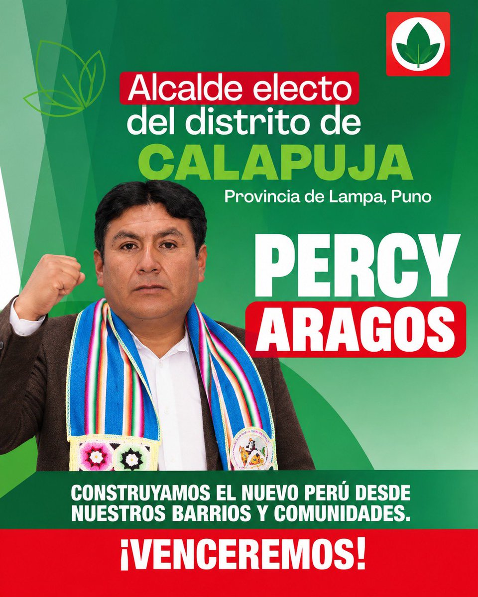 NuevoPeruMov's tweet photo. ¡Felicitamos a nuestro compañero Percy Aragos, elegido ALCALDE del distrito de #Calapuja en la región #Puno!
Construyamos el #NuevoPerú con el pueblo, desde nuestros barrios y comunidades. 🌺🍃 https://t.co/z7BshQFzSH